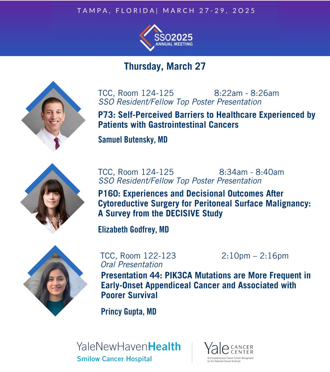 Tomorrow morning at #SSO2025, Drs. <a href="/sbutensky/">Samuel Butensky, MD</a> + <a href="/ElizLGodfreyMD/">Elizabeth L. Godfrey</a> are sharing research as Resident/Fellow Top Poster Presentations. Dr. <a href="/princygupta19/">Princy Gupta</a> will share an oral presentation in the afternoon on #PIK3CA mutations in #earlyonset #appendixcancer. 
s2.goeshow.com/sso/annual/202…