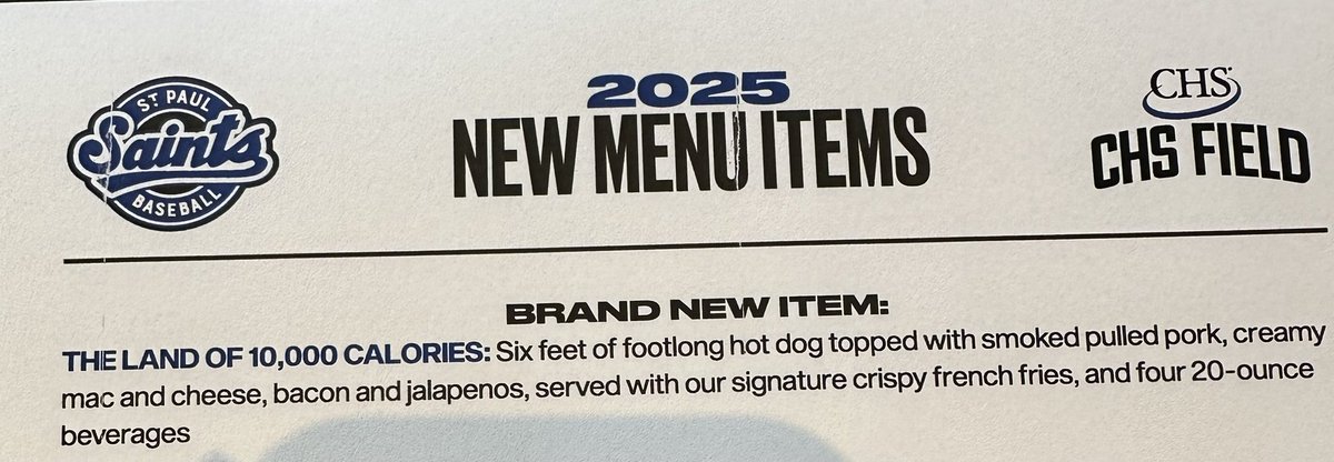 You know the rules. If you ask me for free tickets this year, you have to purchase this, our newest food item, The Land of 10,000 Calories: 6 feet of foot long hot dog, topped with pulled pork, Mac &amp; cheese, bacon &amp; jalapeños, fries and 4 drinks