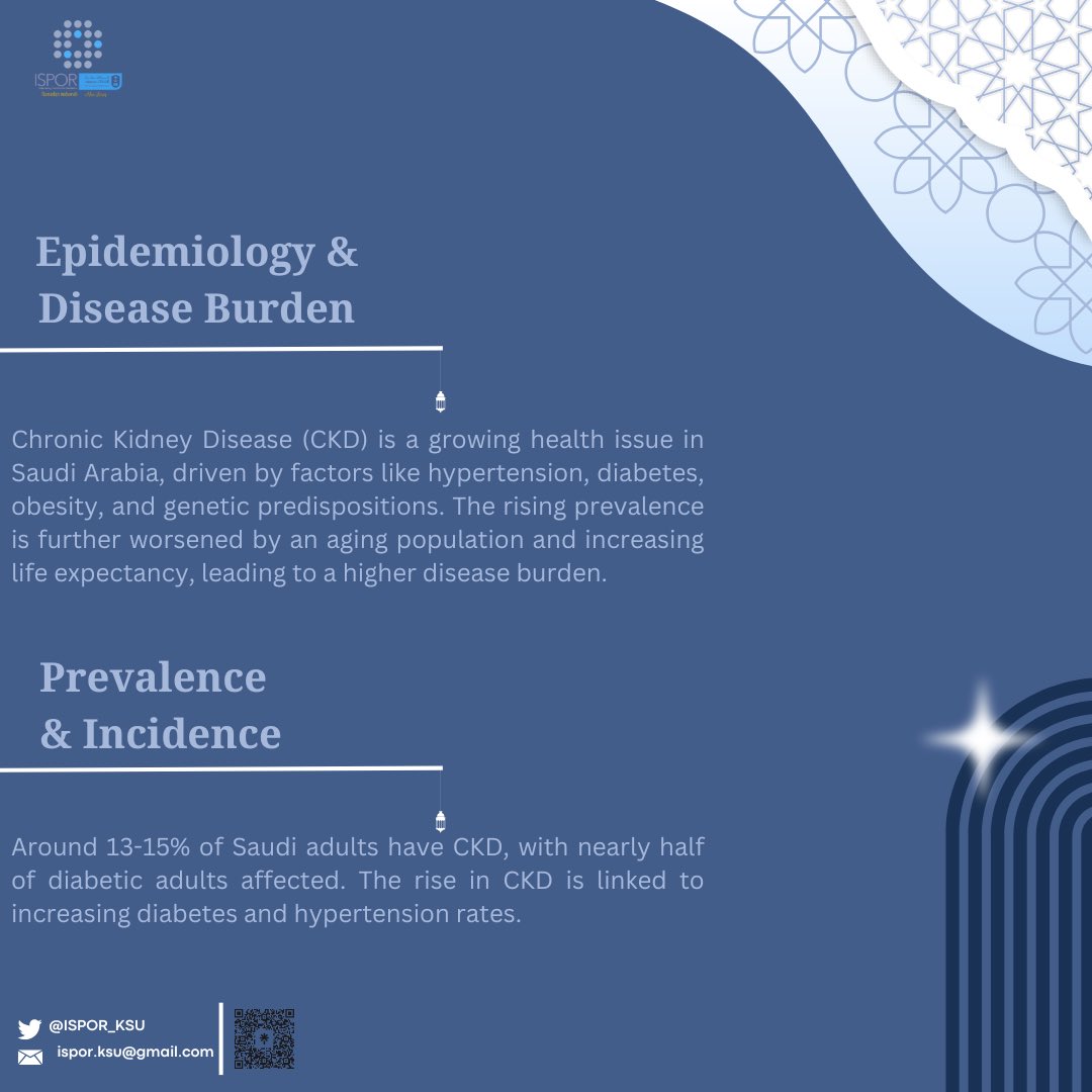 ISPOR_KSU's tweet photo. 📊 CKD affects a significant portion of the population in Saudi Arabia, increasing healthcare costs & reducing productivity. Early detection & prevention can ease the burden.
#ISPOR_KSU
#ISPORstudents https://t.co/mAPBinyCAW