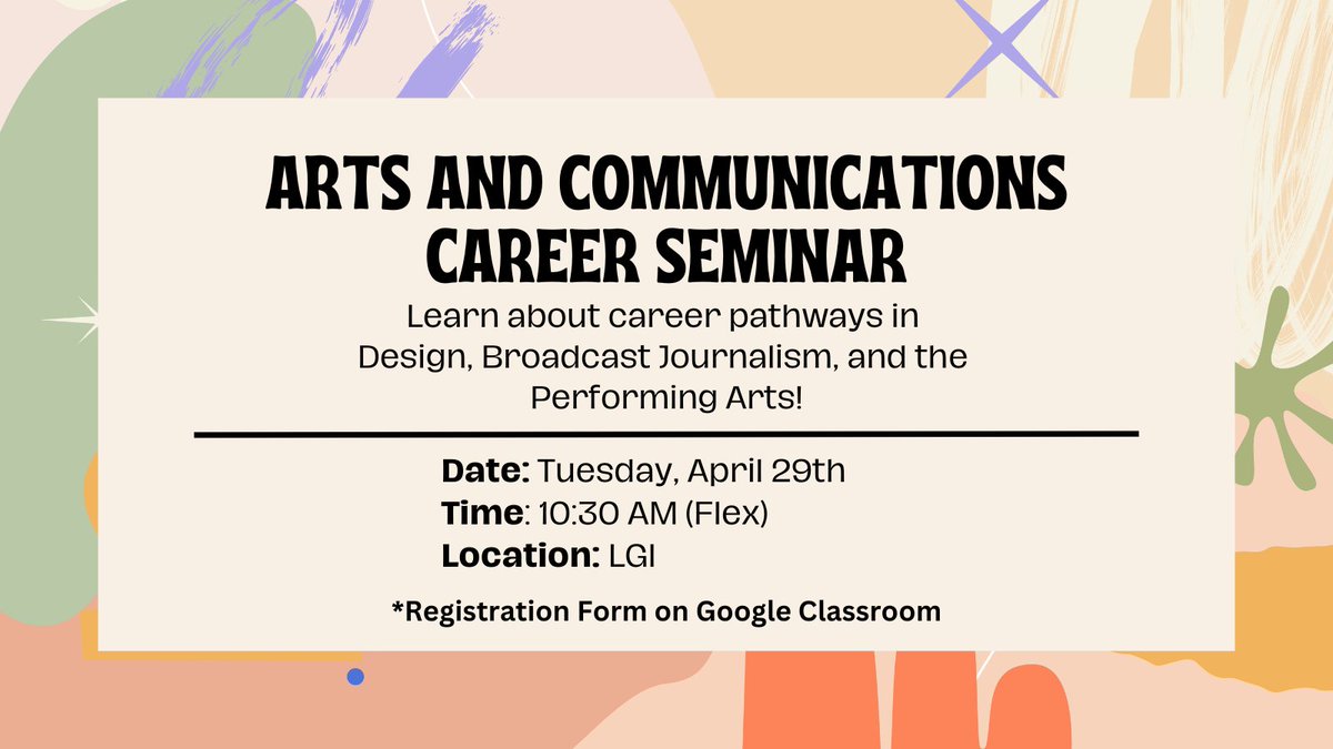 Explore careers in Design, Broadcast Journalism, and the Performing Arts! 🎙️🎨🎭 Learn from industry experts at our Career Seminar on 4/29. Sign up on Google Classroom today! #CareerSeminar #ArtsCareers