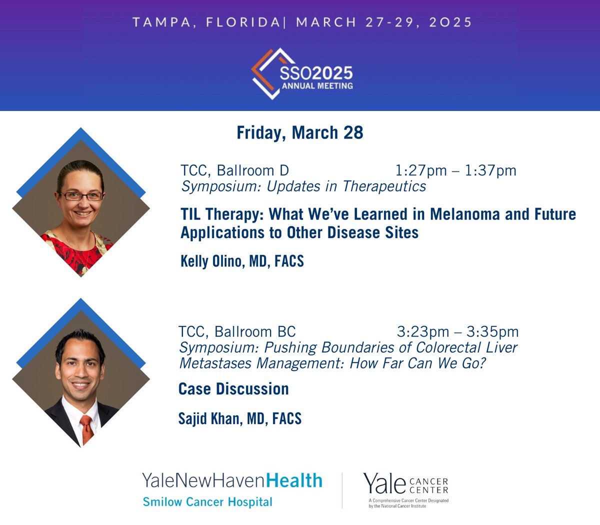 Yale Cancer Center (@yalecancer) on Twitter photo .<a href="/KellyOlinoMD/">Kelly Olino</a> and <a href="/sajkhanmd/">Sajid Khan</a> will be presenting this afternoon at #SSO2025 on #TILtherapy for #melanoma and a case discussion on colorectal liver metastases, respectively. s2.goeshow.com/sso/annual/202…
<a href="/SmilowCancer/">Smilow Cancer Hospital</a> <a href="/YaleMed/">Yale School of Medicine</a> <a href="/YNHH/">Yale New Haven Hosp</a> <a href="/YaleSurgery/">Yale Surgery</a> <a href="/YaleGICancers/">Center for Gastrointestinal Cancers</a> .<a href="/KellyOlinoMD/">Kelly Olino</a> and <a href="/sajkhanmd/">Sajid Khan</a> will be presenting this afternoon at #SSO2025 on #TILtherapy for #melanoma and a case discussion on colorectal liver metastases, respectively. s2.goeshow.com/sso/annual/202…
<a href="/SmilowCancer/">Smilow Cancer Hospital</a> <a href="/YaleMed/">Yale School of Medicine</a> <a href="/YNHH/">Yale New Haven Hosp</a> <a href="/YaleSurgery/">Yale Surgery</a> <a href="/YaleGICancers/">Center for Gastrointestinal Cancers</a>