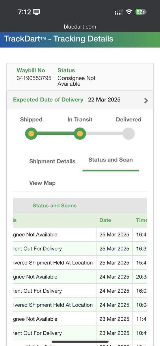 akku9457's tweet photo. This delivery boy of bluedart is harrassing me by not delivering my article to me or anyone at my location. Despite of paying personal visit at their office See how multiple time he remarked it as consignee not available. @BlueDart_ https://t.co/1VRwSpYH1m