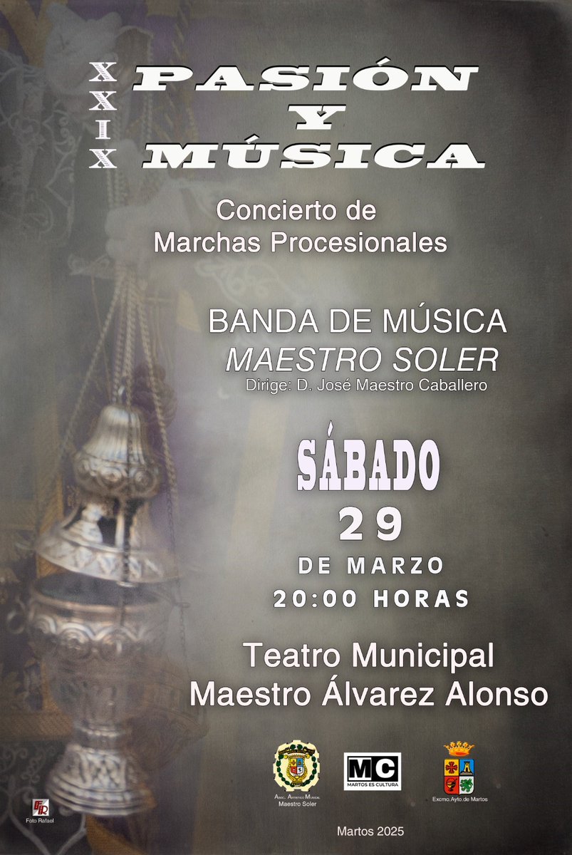 Este sábado día 29 de marzo a las 20:00, tendrá lugar en el Teatro Municipal "Maestro Álvarez Alonso" nuestro típico concierto de marchas procesionales "Pasión y Música", el cual alcanza ya su XXIX edición.