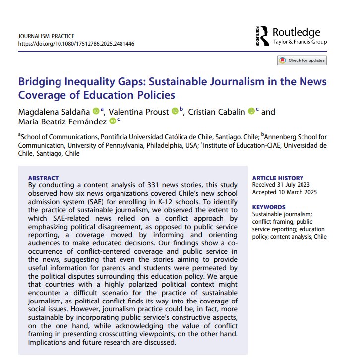 #NewPaper is out! Bridging Inequality Gaps: Sustainable Journalism in the News Coverage of Education Policies, with <a href="/valeproust/">Valentina Proust</a> <a href="/ccabalin/">Cristian Cabalin Q.</a> y Beatriz Fernández in <a href="/JournPractice/">Journalism Practice & The J Word Podcast</a> from our #Fondecyt grant 🥳
<a href="/NucleoMEPOP/">Núcleo Milenio MEPOP</a> <a href="/IMFDChile/">Fundamentos de los Datos</a> <a href="/fcomuc/">Comunicaciones</a> 
🧵below 👇