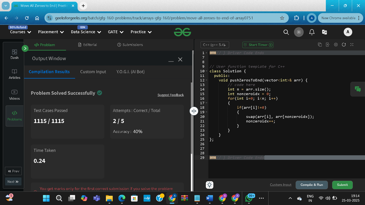 AdarshA96665482's tweet photo. @geeksforgeeks 160 Days of Problem Solving
Day 2- move all zero's to end 
#gfg160 
#geekstreak2025 https://t.co/mNowtztj0M