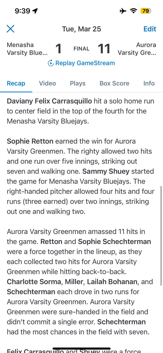 Aurora Softball (@softballaurora) on Twitter photo The Greenmen get the W for the first game of the season, in walk off fashion, 11-1 in 5 innings against Menasha (WI)!
<a href="/sretton2/">Sophie Retton</a> gets the W with 7 strikeouts!
11 hits in all, game recap below ๐๐ผ The Greenmen get the W for the first game of the season, in walk off fashion, 11-1 in 5 innings against Menasha (WI)!
<a href="/sretton2/">Sophie Retton</a> gets the W with 7 strikeouts!
11 hits in all, game recap below ๐๐ผ