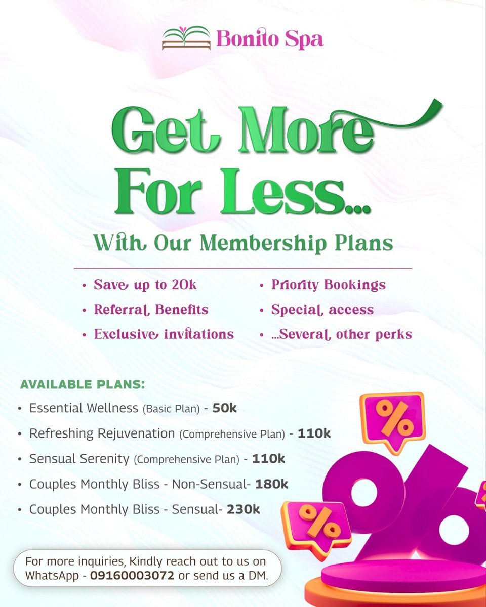 thebonitospa_'s tweet photo. #achalugo 's and #odogwuparanran 's are not left out. We have several plans to cater to your individual spa needs here at The Bonito Spa. 
For more inquiries send a DM or visit our website - 🔗 https://t.co/GPKE9Bvqfi https://t.co/BQ2k6eAuga