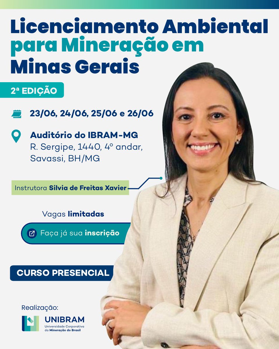 Estão abertas as inscrições para a 2ª edição do curso "Licenciamento Ambiental para mineração em Minas Gerais".

Confira as informações completas no nosso site - ibram.org.br/evento/curso-l…

#IBRAM #MineraçãodoBrasil #setormineral #mineração #licenciamentoambiental