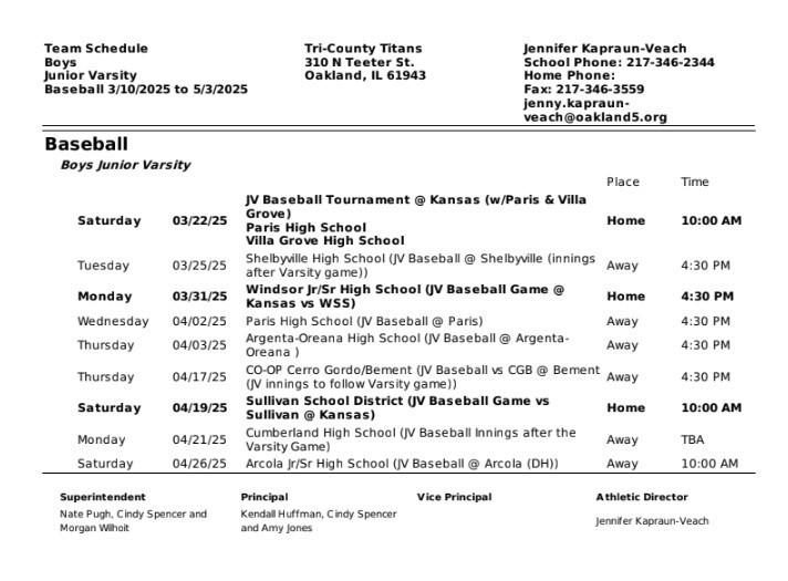 Revised Junior Varsity Baseball Schedule