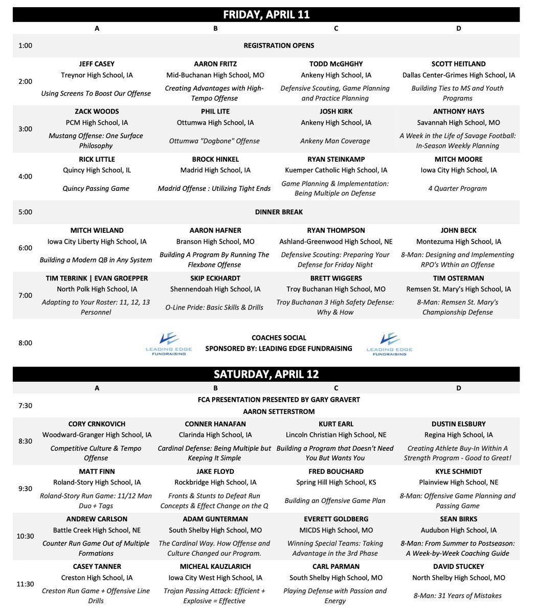 If you haven't done so already, we hope you and your staff consider registering us for the 2025 Southeast Iowa Coaches Clinic! 

This year's clinic will take place on April 11th and 12th.

We started this clinic to provide the following:
- A clinic full of speakers willing to