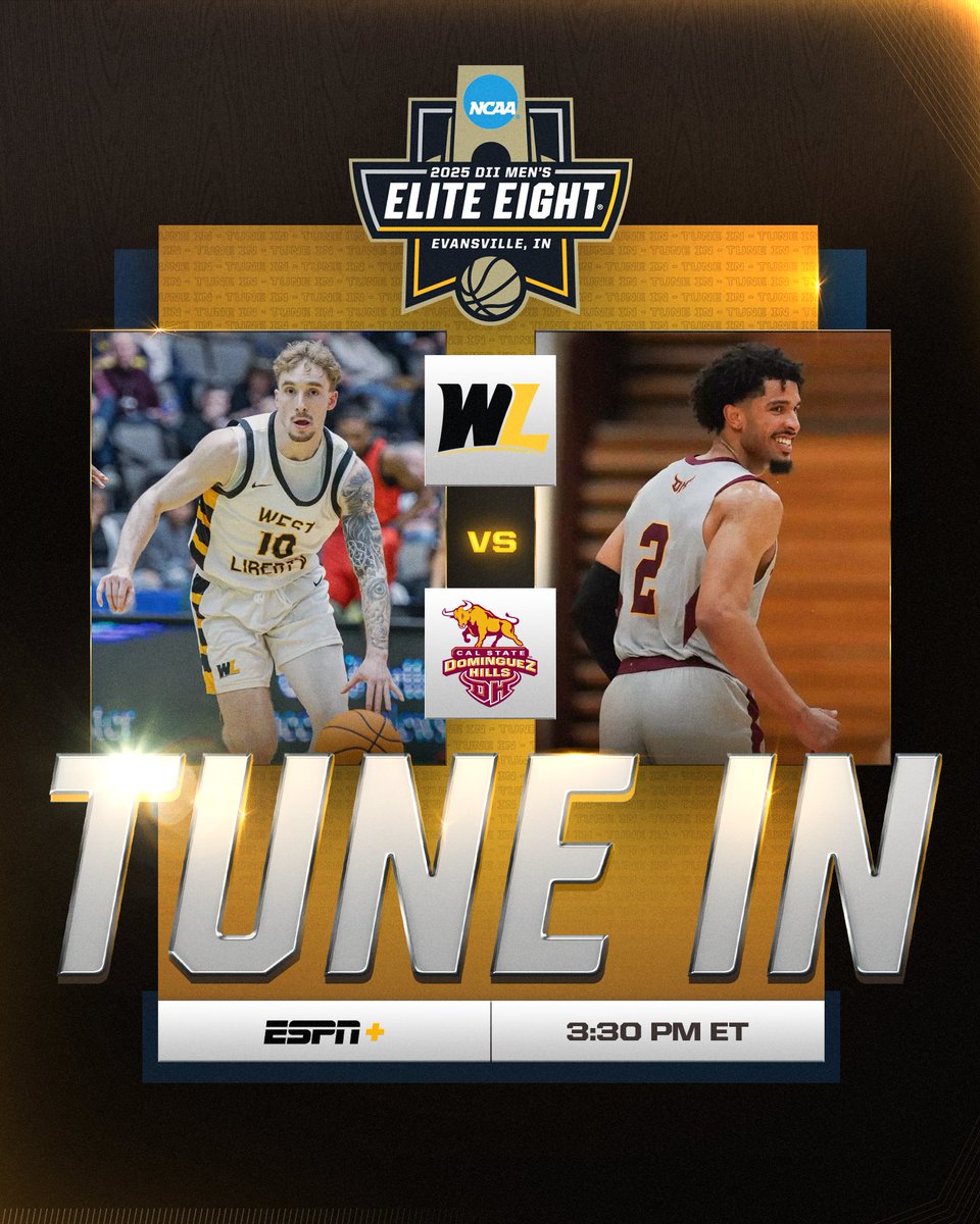 NCAA Division II (@ncaadii) on Twitter photo 🚨#MEliteEight IS HERE🚨
2️⃣ <a href="/WLU_Hoops/">West Liberty Hoops</a> 🆚 7️⃣ <a href="/CSUDHmbb/">CSUDH Men’s Hoops</a>
⏰ 3:30 PM ET
📍 Evansville, IN
🏟️ Ford Center
📺 b.link/0325D2MBBv2
📊 on.ncaa.com/25D2MBBqf2
🏀 on.ncaa.com/25D2MBBsp
#D2MBB | #MakeItYours 🚨#MEliteEight IS HERE🚨
2️⃣ <a href="/WLU_Hoops/">West Liberty Hoops</a> 🆚 7️⃣ <a href="/CSUDHmbb/">CSUDH Men’s Hoops</a>
⏰ 3:30 PM ET
📍 Evansville, IN
🏟️ Ford Center
📺 b.link/0325D2MBBv2
📊 on.ncaa.com/25D2MBBqf2
🏀 on.ncaa.com/25D2MBBsp
#D2MBB | #MakeItYours