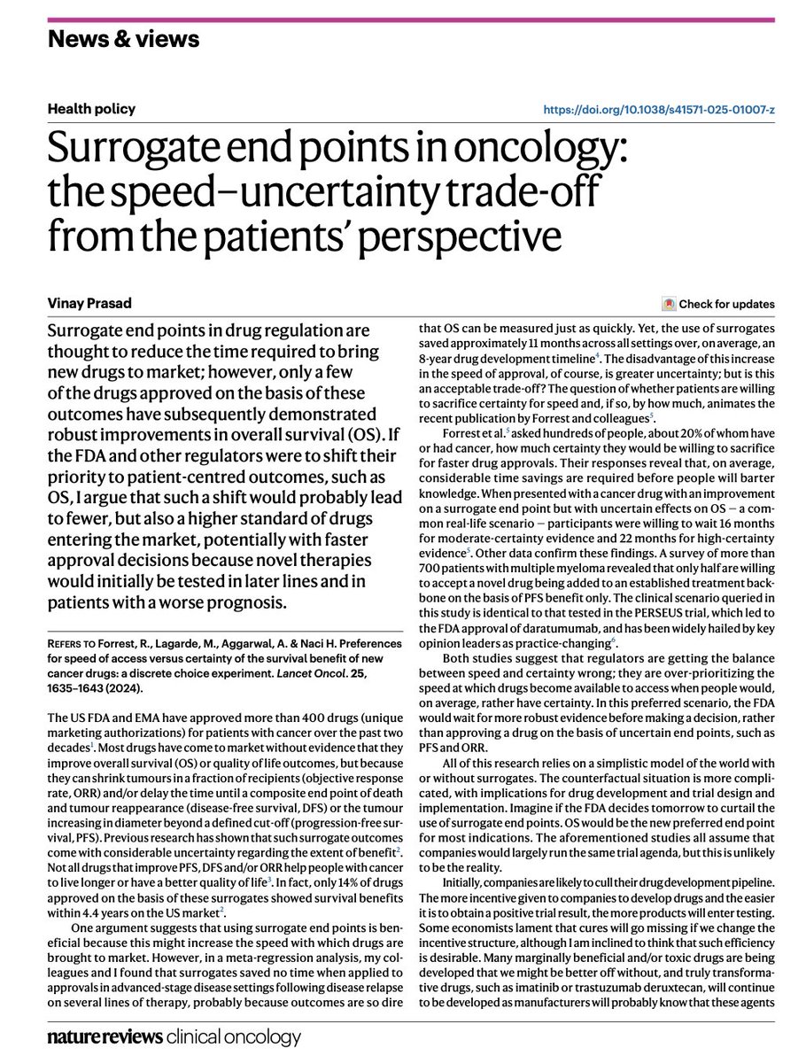 Vinay Prasad MD MPH (@vprasadmdmph) on Twitter photo Just out in <a href="/NatRevClinOncol/">NatureRevClinOncol</a> my latest on Surrogate Endpoints from the patient's perspective
Despite writing on this topic for 15 years, hope to offer new ideas in this piece
<a href="/vkprasadlab/">VKPrasadLab</a> <a href="/Sensible__Med/">Sensible Medicine</a> <a href="/Plenary_Session/">Plenary Session Podcast 🎙️</a> Just out in <a href="/NatRevClinOncol/">NatureRevClinOncol</a> my latest on Surrogate Endpoints from the patient's perspective
Despite writing on this topic for 15 years, hope to offer new ideas in this piece
<a href="/vkprasadlab/">VKPrasadLab</a> <a href="/Sensible__Med/">Sensible Medicine</a> <a href="/Plenary_Session/">Plenary Session Podcast 🎙️</a>