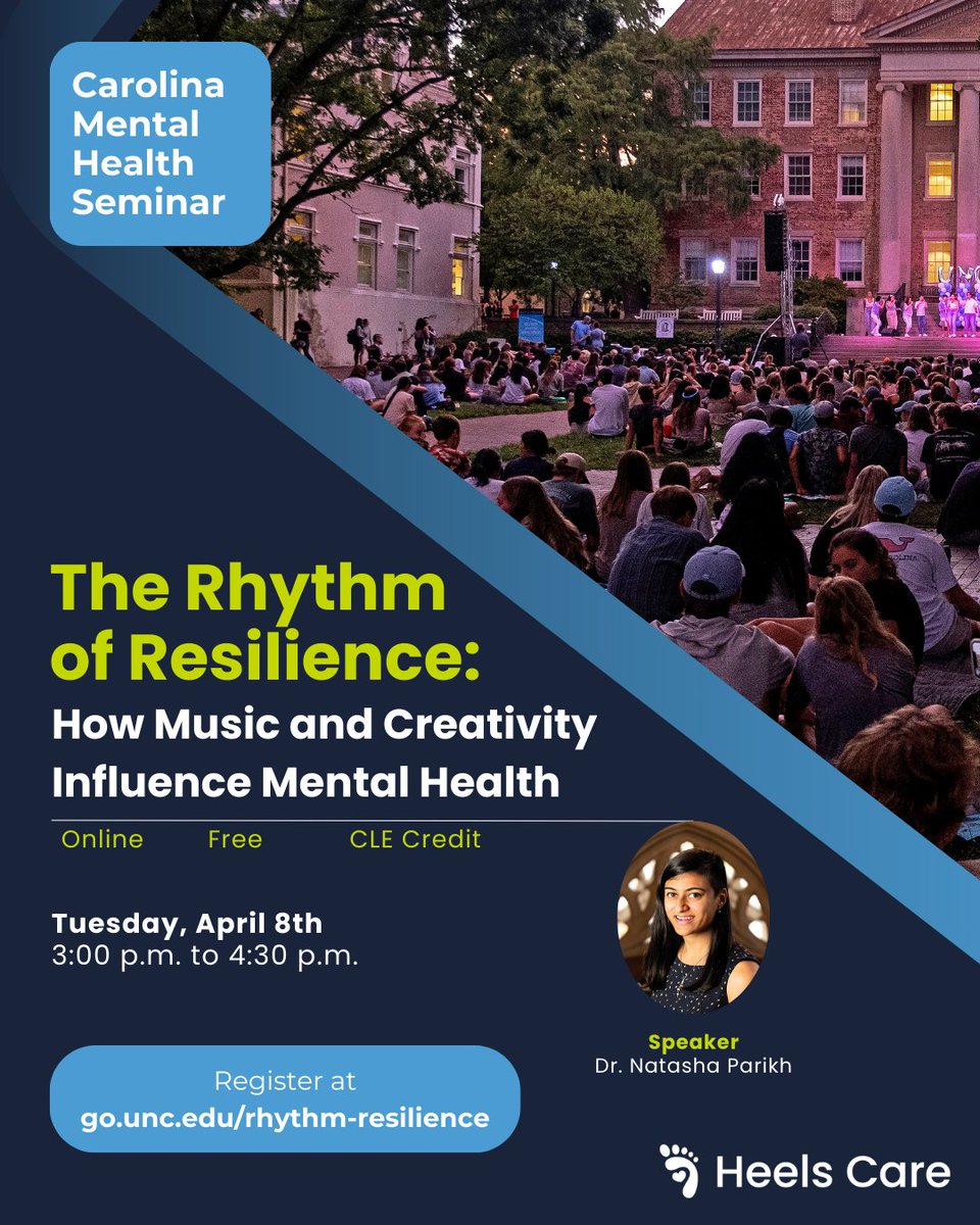 We are just 2 weeks away from our 2nd mental health seminar of the semester! Join us for "Rhythm of Resilience: How Music and Creativity Influence Mental Health" with Dr. Natasha Parikh.

When: Tuesday, April 8th, 3:00-4:30 PM
Where: Online, Zoom
unc.zoom.us/webinar/regist…