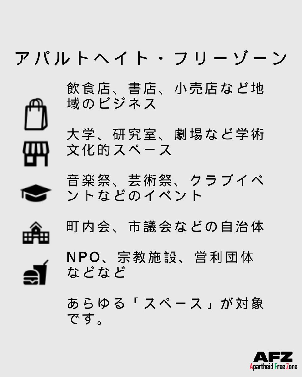 AFZJapan's tweet image. アパルトヘイト・フリーゾーンに登録するスペース募集のお知らせ。
詳しくは↓
afzjapan.com/what-is-afz