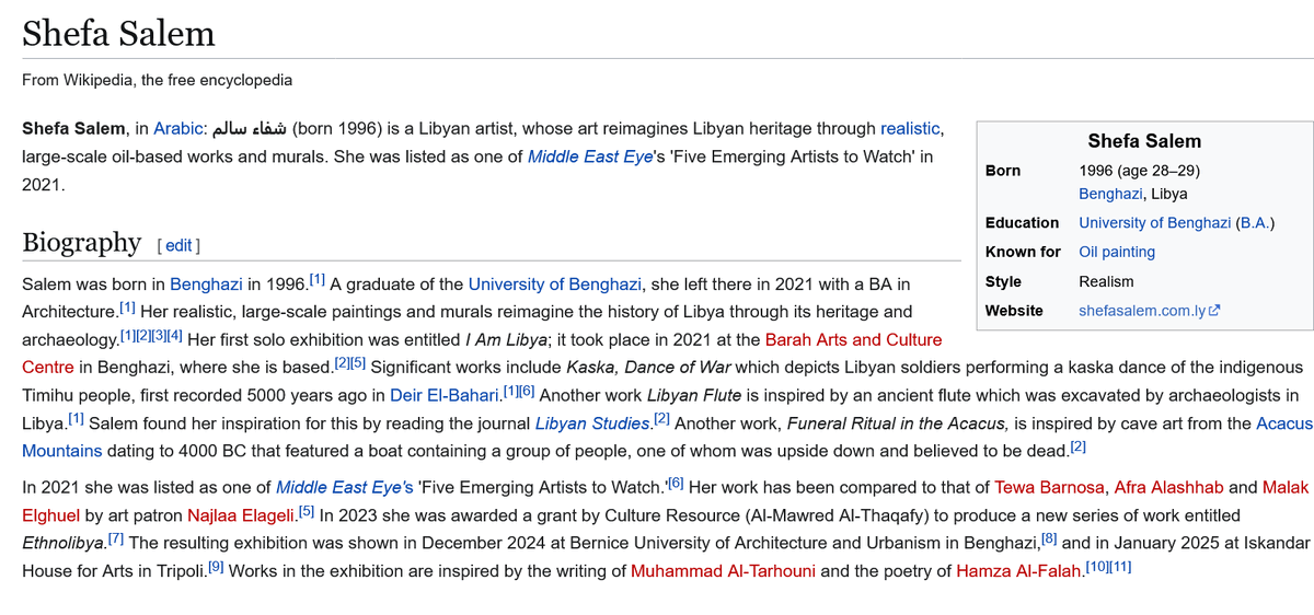 Dr Victoria Leonard (@tigerlilyrocks) on Twitter photo <a href="/MariaFragoulaki/">Maria Fragoulaki 💙</a> And finally, Shefa Salem is a Libyan artist, whose art reimagines Libyan heritage through realistic, large-scale oil-based works and murals. She was listed as one of Middle East Eye's 'Five Emerging Artists to Watch' in 2021. en.wikipedia.org/wiki/Shefa_Sal… #WCCWiki <a href="/MariaFragoulaki/">Maria Fragoulaki 💙</a> And finally, Shefa Salem is a Libyan artist, whose art reimagines Libyan heritage through realistic, large-scale oil-based works and murals. She was listed as one of Middle East Eye's 'Five Emerging Artists to Watch' in 2021. en.wikipedia.org/wiki/Shefa_Sal… #WCCWiki