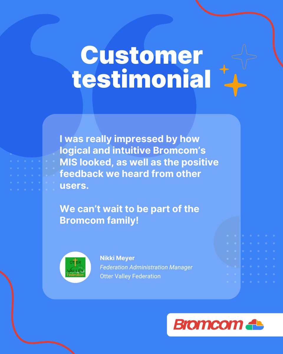 Bromcom's tweet image. It wouldn’t be a Tuesday without a great testimonial for Bromcom! 

Check out what Otter Valley Federation – a federation of two primary schools in Devon – had to say about why they chose Bromcom MIS. 👇

#Bromcom #EdTech #TestimonialTuesday #Testimonial