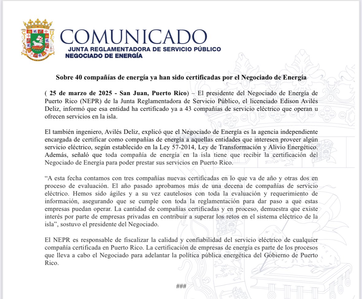 Negociado de Energía de Puerto Rico (@energianepr) on Twitter photo Más de 40 compañías de energía ya han sido certificadas por el Negociado de Energía de Puerto Rico de la <a href="/JuntaJRSP/">Junta Reglamentadora Servicio Público</a> , asegurando cumplimiento con la regulación y fortaleciendo el sistema eléctrico de la isla.
#EnergíaPR #NEPR Más de 40 compañías de energía ya han sido certificadas por el Negociado de Energía de Puerto Rico de la <a href="/JuntaJRSP/">Junta Reglamentadora Servicio Público</a> , asegurando cumplimiento con la regulación y fortaleciendo el sistema eléctrico de la isla.
#EnergíaPR #NEPR