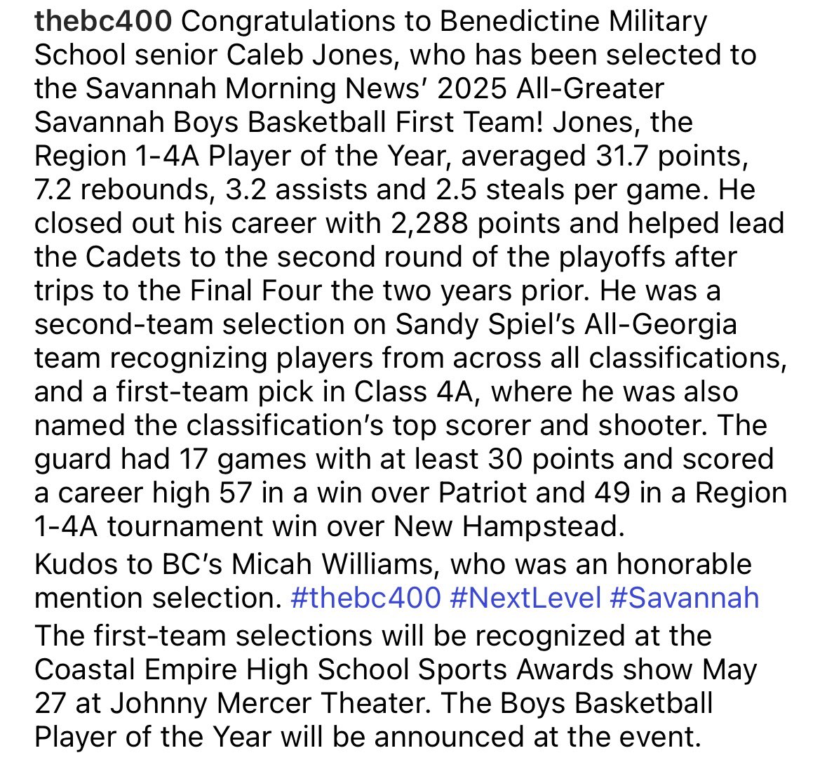 Congrats to Benedictine senior Caleb Jones, who has been selected to the #Savannah Morning News' 2025 All-Greater Savannah Boys Basketball First Team! Jones, the Region 1-4A Player of the Year, averaged 31.7 points, 7.2 rebounds, 3.2 assists &amp; 2.5 steals per game. #thebc400