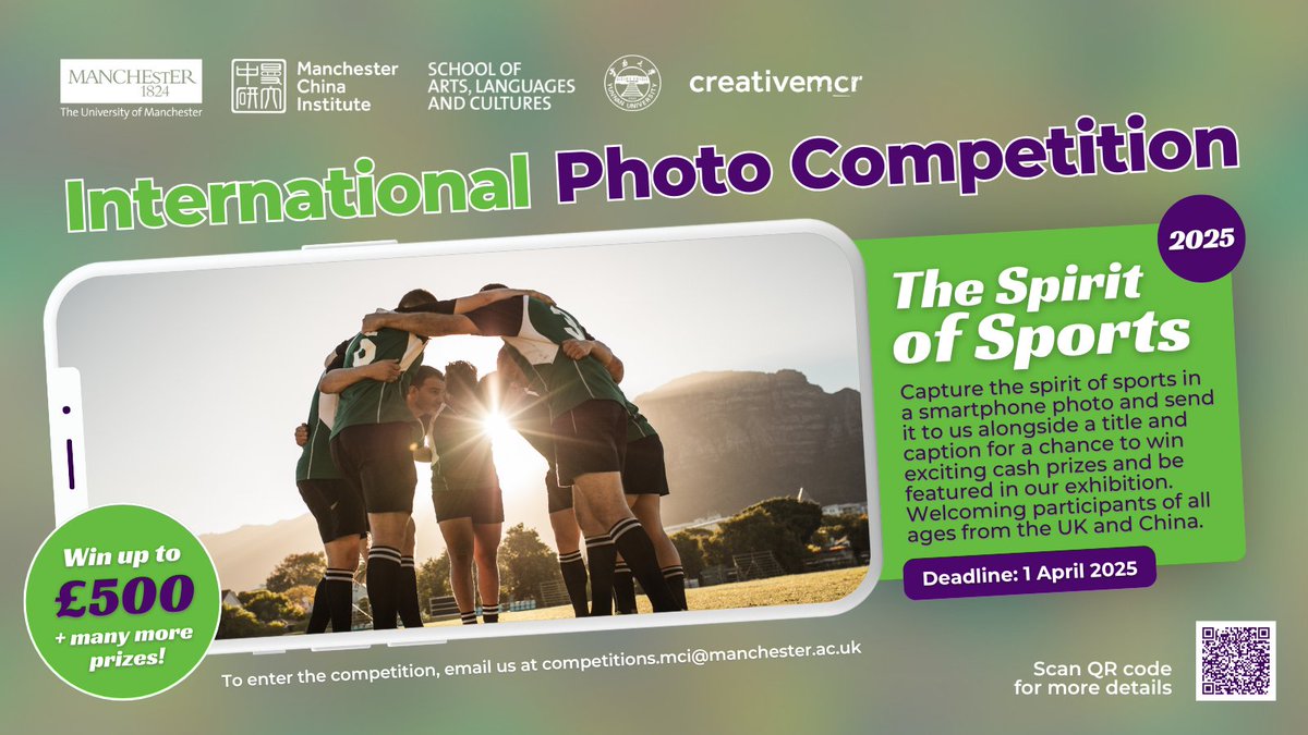 School of Arts, Languages and Culture (@uomsalc) on Twitter photo Time is running out to enter this year's UK-China International Photography Competition, in partnership with <a href="/UoMChina/">Manchester China Institute</a>.
Capture a photo that embodies the spirit of sports using your smartphone, and send it to us by Tue 1 Apr.
To enter, visit: mci.manchester.ac.uk/discover/progr⦠Time is running out to enter this year's UK-China International Photography Competition, in partnership with <a href="/UoMChina/">Manchester China Institute</a>.
Capture a photo that embodies the spirit of sports using your smartphone, and send it to us by Tue 1 Apr.
To enter, visit: mci.manchester.ac.uk/discover/progrā¦