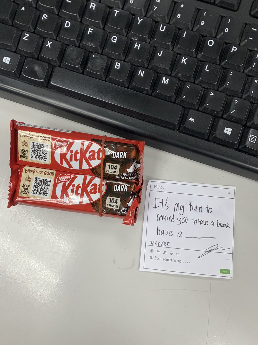 jeanju's tweet photo. he gave me a kitkat. when in fact, he’s the one who needs a break. https://t.co/044GkL07gf