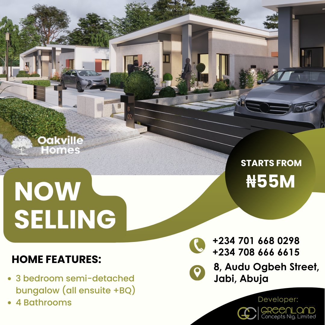 RealGCNL's tweet photo. Luxury living at Oakville Homes! 🏡

3-bed semi-detached bungalows with BQ from ₦55.5M. Ensuite rooms, 5 baths, secure community, kids' play area &amp; more!

📞 +234 701 668 0298 | +234 708 666 6615
🔗 https://t.co/ztF5dwLKsg

#LuxuryLiving #OakvilleHomes #AbujaRealEstate https://t.co/nlqmLWTRPo