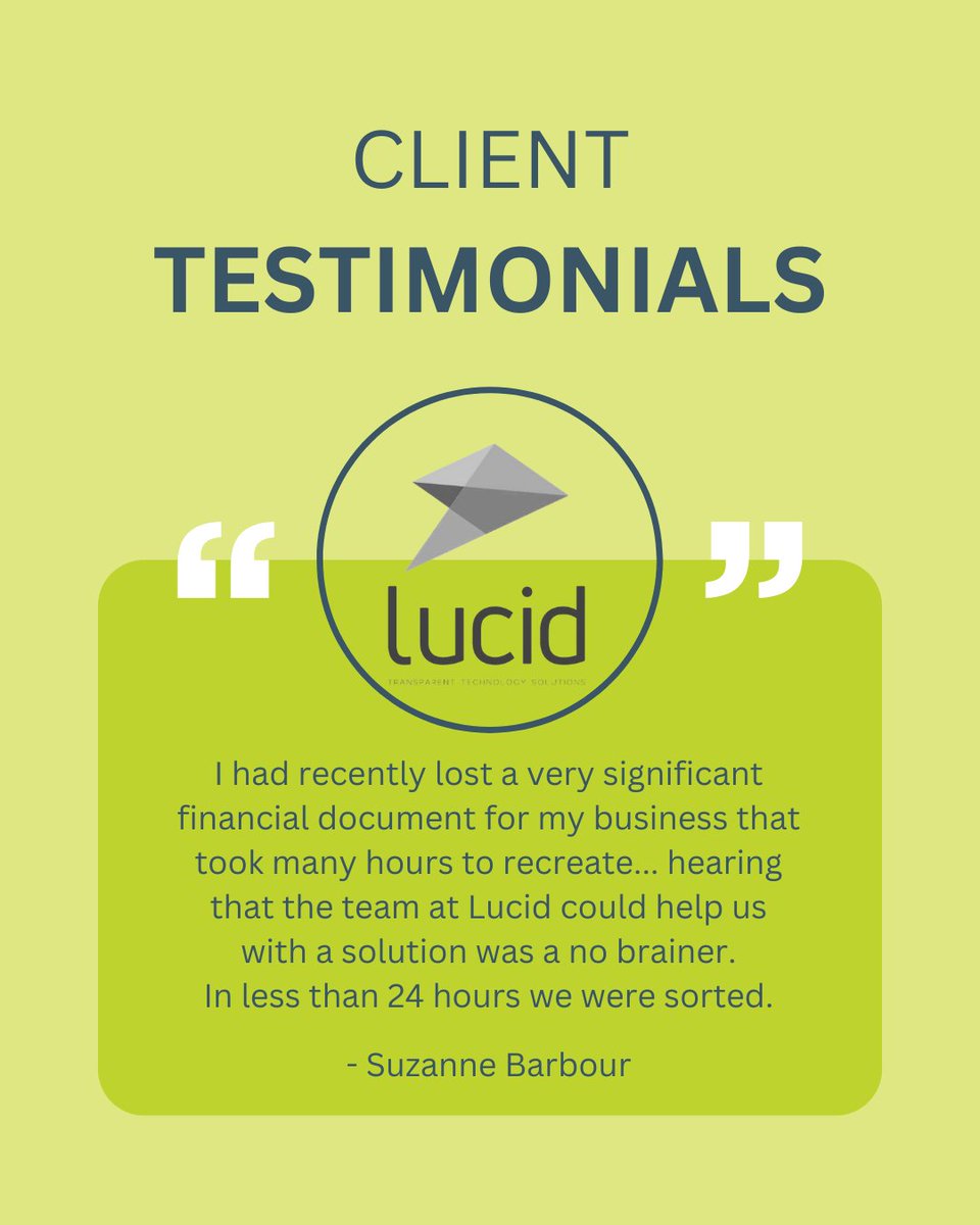Are you confident in your backup solution? We were thrilled to be able to assist Suzanne - don't leave yourself vulnerable!
#LucidGroup #ManagedIT #ITSupport #TechnologySolutions #TestimonialTuesday
