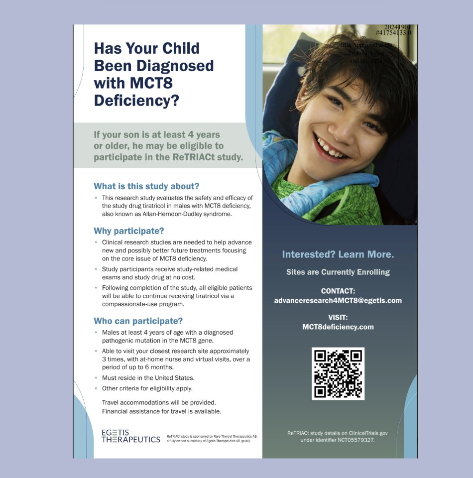 Rare Disease Research is launching a new clinical trial for MCT8 deficiency called MCT8/ReTRIACT. This trial aims to explore potential treatments of individuals affected by this condition. To learn more about the trial and how to get involved,  contact the RDR team today