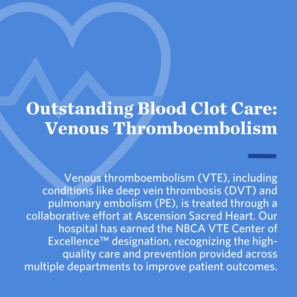 Ascension Sacred Heart (@shhpens) on Twitter photo We are honored to announce that Ascension Sacred Heart Pensacola has been recognized as an NBCA VTE Center of Excellence™ by the National Blood Clot Alliance for our exceptional care in treating venous thromboembolism (VTE). We are honored to announce that Ascension Sacred Heart Pensacola has been recognized as an NBCA VTE Center of Excellence™ by the National Blood Clot Alliance for our exceptional care in treating venous thromboembolism (VTE).