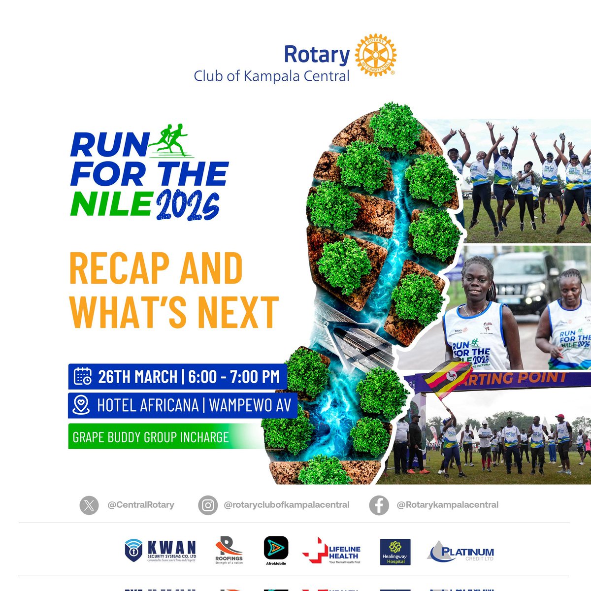 CentralRotary's tweet photo. Join us as we reflect on the impact of #RunForTheNile25 and discuss what’s next! 
📅 26th March | 🕕 6:00 - 7:00 PM
📍 Hotel Africana, Wampewo Avenue
Let's keep the momentum going for a greener future! #RotaryImpact https://t.co/8IHNKB7Jmw