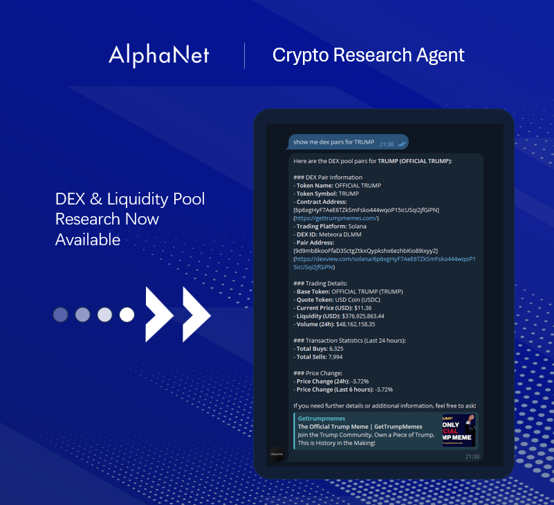 AlphaNet_AI's tweet image. AlphaNet Crypto Research Agent is rapidly growing new features by the week - DEX &amp;amp; liquidity pool research is now available. 

All these features are free to all users as AlphaNet readies for mass adoption – with AlphaNet upgraded to research-agent enabled, institutional-grade AI…