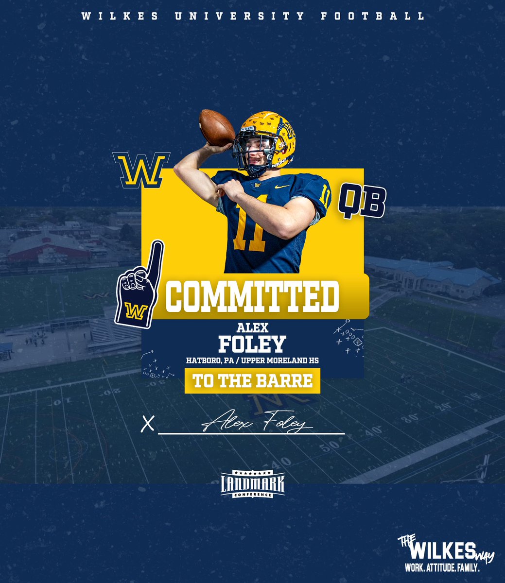 Alex Foley (@foleya25) on Twitter photo 1000% committed. I am excited to announce I will be continuing my athletic and academic career at Wilkes University. I want to thank my family, coaches, and teammates for helping me along the way. Go Wilkes!!🔵🟡
#TheWilkesWay
<a href="/WilkesFootball/">Wilkes Football</a> @UMBEARSFOOTBALL 1000% committed. I am excited to announce I will be continuing my athletic and academic career at Wilkes University. I want to thank my family, coaches, and teammates for helping me along the way. Go Wilkes!!🔵🟡
#TheWilkesWay
<a href="/WilkesFootball/">Wilkes Football</a> @UMBEARSFOOTBALL