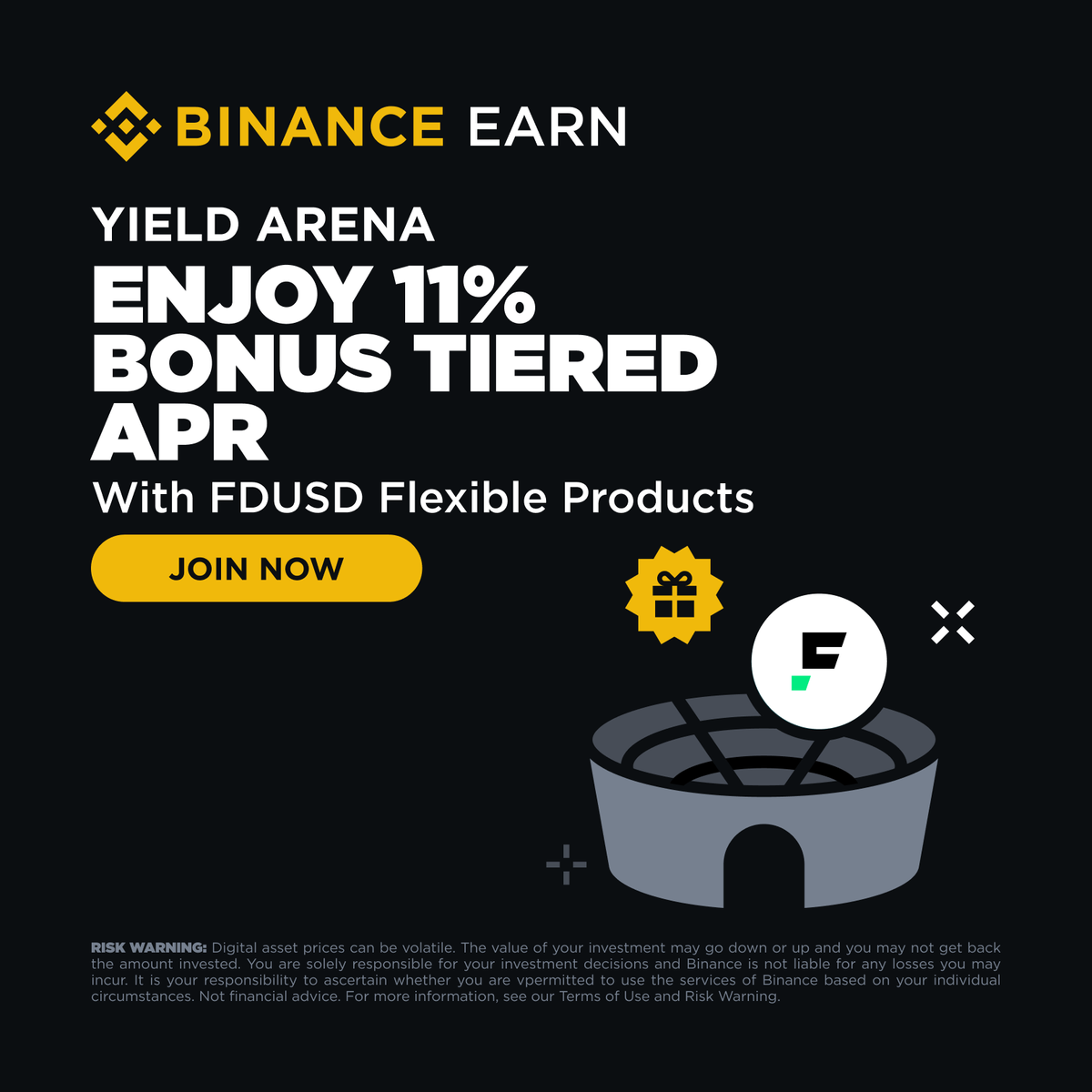 binance's tweet photo. Binance Earn Yield Arena is here! 

Subscribe to FDUSD Flexible Products now to enjoy an 11% Bonus Tiered APR. 

Don’t miss out 👉 https://t.co/FmB1akF5nJ https://t.co/WbEgeF6zo4
