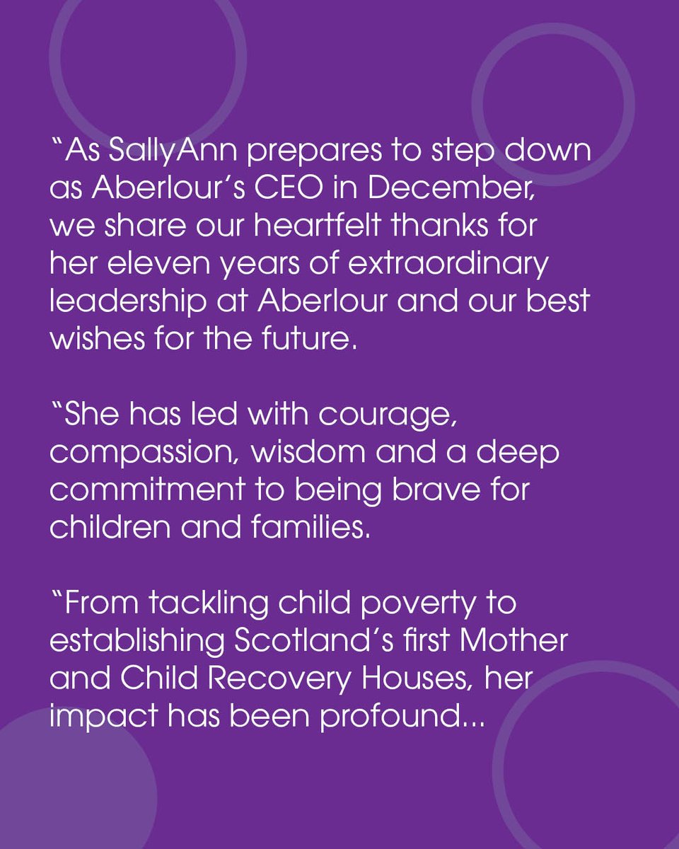 AberlourCCT's tweet image. 📢Announcement📢
Today our CEO, SallyAnn Kelly OBE, announces her retirement from Aberlour. Read a message from our Chair, David Robb. #ThankYou SallyAnn.