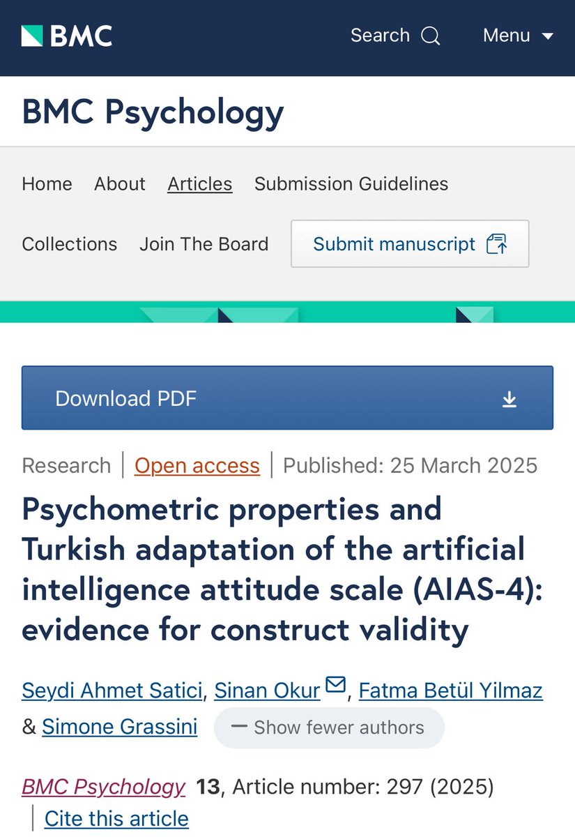 Bugün yayımlanan çalışmamızda, günümüzün en yaygın teknolojilerinden biri haline gelen yapay zekanın psikolojik yönünü ele aldık. Bu kapsamda, bireylerin yapay zekaya yönelik tutumlarını ölçmeye yönelik geliştirilen 4 maddelik bir ölçeği Türkçemize uyarladık. 

Çalışmamızda