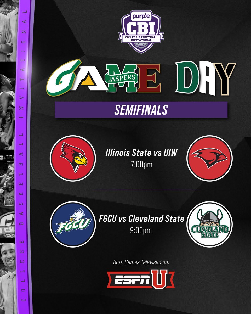 Purple CBI (@cbitourney) on Twitter photo SEMIFINALS TIP-OFF TONIGHT!!
<a href="/Redbird_MBB/">Illinois State Men's Basketball</a> will play <a href="/UIWMBB/">UIW Men's Basketball</a> and <a href="/FGCU_MBB/">FGCU Men's Hoops</a> will play <a href="/csu_basketball/">Cleveland State Menโs Basketball ๐</a> for a trip to the 'ship ๐๐
๐: ESPN
๐๏ธ: ticketmaster.com/purple-collegeโฆ SEMIFINALS TIP-OFF TONIGHT!!
<a href="/Redbird_MBB/">Illinois State Men's Basketball</a> will play <a href="/UIWMBB/">UIW Men's Basketball</a> and <a href="/FGCU_MBB/">FGCU Men's Hoops</a> will play <a href="/csu_basketball/">Cleveland State Menโs Basketball ๐</a> for a trip to the 'ship ๐๐
๐: ESPN
๐๏ธ: ticketmaster.com/purple-collegeโฆ