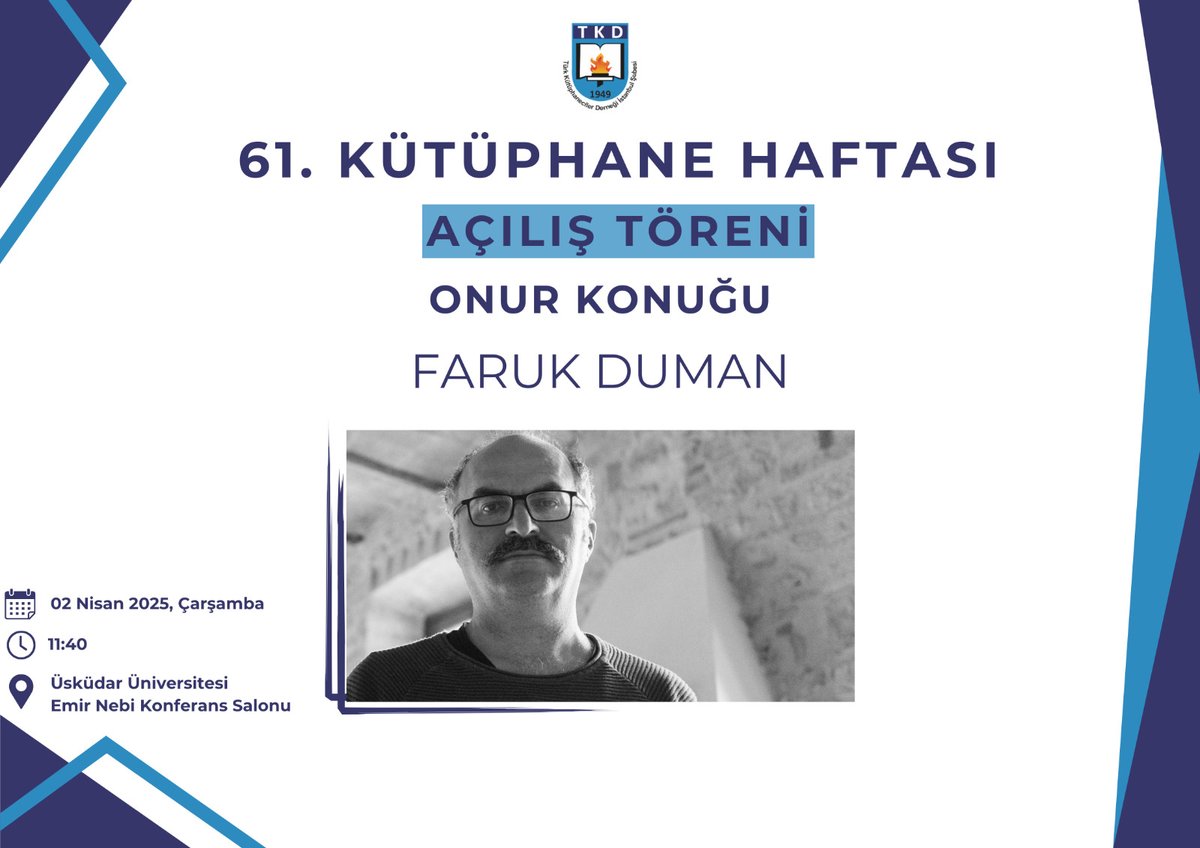 61. Kütüphane Haftası Açılış Töreni Onur Konuğu "Faruk Duman"

#KütüphaneHaftası #KH61

<a href="/tkdgenelmerkez/">Türk Ķütüphaneciler Derneği</a> <a href="/kartalaf/">Ali Fuat Kartal</a>