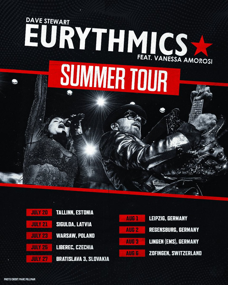 DAVE STEWART EURYTHMICS ⭐FEATURING VANESSA AMOROSI SUMMER TOUR

Europe! I'm back on tour this summer with Vanessa Amorosi. We will head to 9 cities, making stops in Estonia, Latvia, Poland, Czechia, Slovakia, Germany, and Switzerland. Tickets go on sale this Friday, March 28th