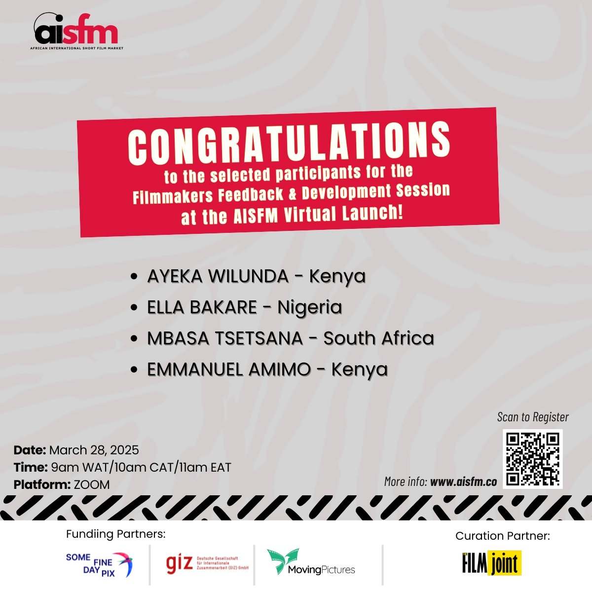 CONGRATULATIONS 🎉 to the selected participants for the Filmmakers Feedback &amp; Development Session at the AISFM Virtual Launch!

These Filmmakers will pitch their projects and receive expert feedback that'll take their film to the next level. 

Don't miss!
#AISFMvirtuallaunch