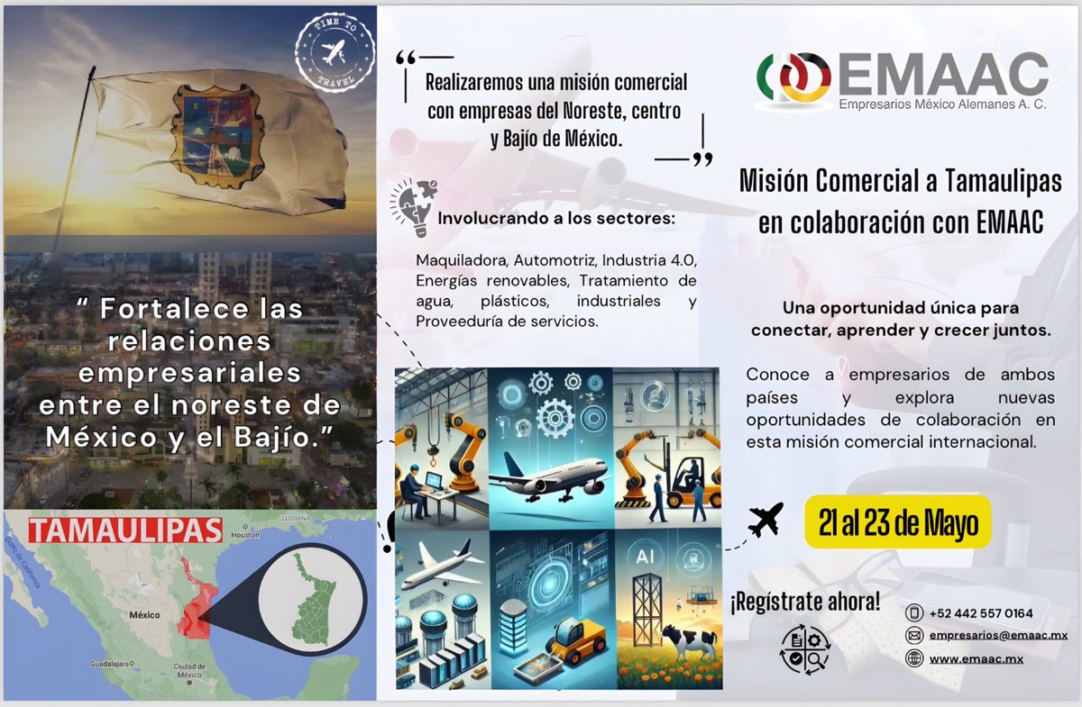 ¡Misión Comercial EMAAC!
Evento nacional donde se crearan negocios con los sectores de maquiladoras, automotriz, Industry 4.0, plástico, energías renovables, proveeduría industrial y servicios.