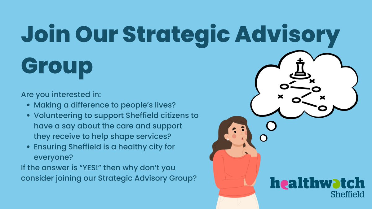 Join Our Strategic Advisory Group!

We're currently recruiting to our Strategic Advisory Group - to learn more about the role, what the group do, and how to apply please visit the following link: healthwatchsheffield.co.uk/news/2025-03-2…

The deadline for applications is Tuesday 22nd April at 5pm.