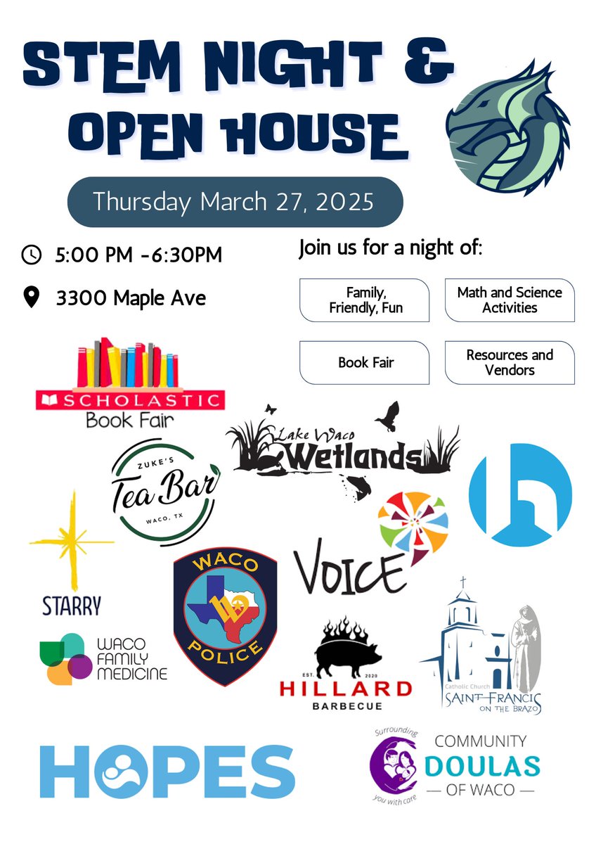 DragonsDean's tweet photo. 🚀 STEM Night is Almost Here! 🔬✨

Don't miss out on an evening filled with exciting activities, hands-on experiments, awesome resources, and amazing vendors! 🌟 Join us for a fun and educational experience for all ages.

📅 Thursday at 5:00 PM

#LeadForResults #wacoISD https://t.co/onaOSoEkan