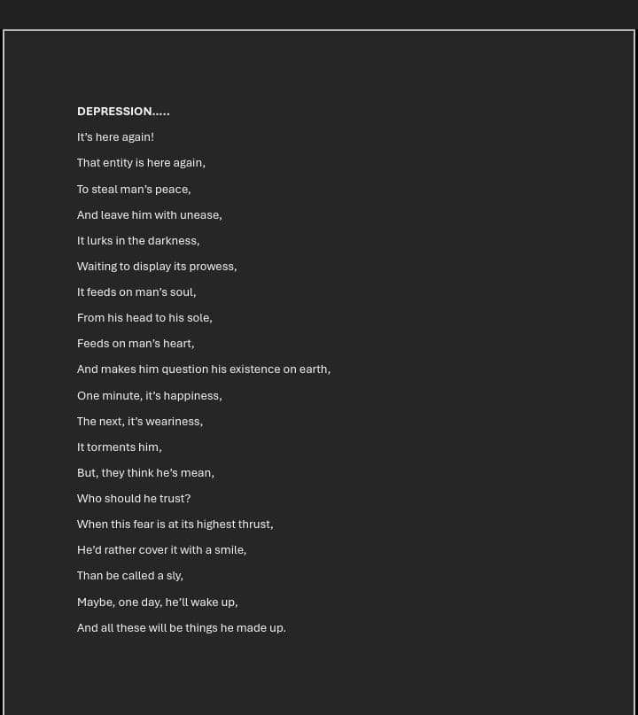 she_isAliyat's tweet photo. I wrote this some weeks ago because I was feeling down 🥲. Sending loads of love to everyone out there battling depression.
#MentalHealthMatters #DepressionAwareness https://t.co/Vcp5VeBNeA