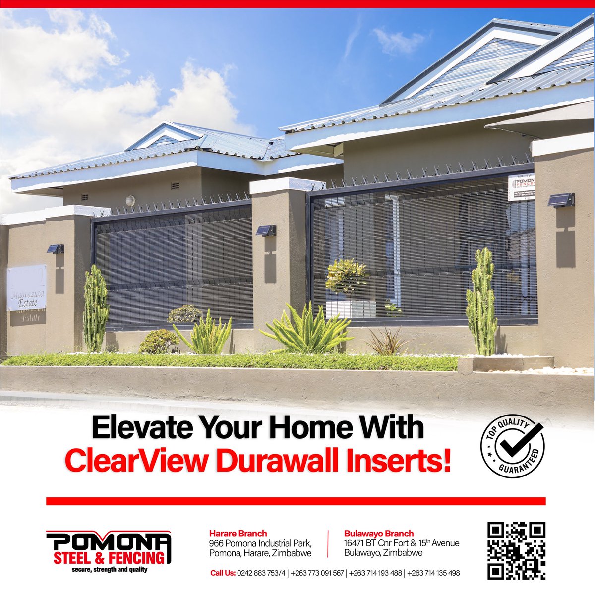 pomonasteel's tweet image. Enhance your property with ClearView Fence Durawall Inserts where security meets sophistication. Designed for durability and style, these inserts provide robust protection without obstructing your view.

🌐 pomonasteel.co.zw

#ClearViewFence