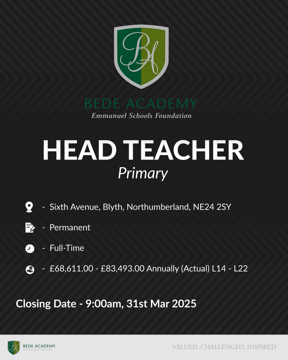 BedeSouth's tweet image. WE ARE HIRING - Head Teacher, Bede Academy (Primary)

We are seeking the right person to provide outstanding leadership and management for the 3-form entry primary phase of this very special school where everyone is Valued, Challenged and Inspired.

mynewterm.com/jobs/135619/ED…