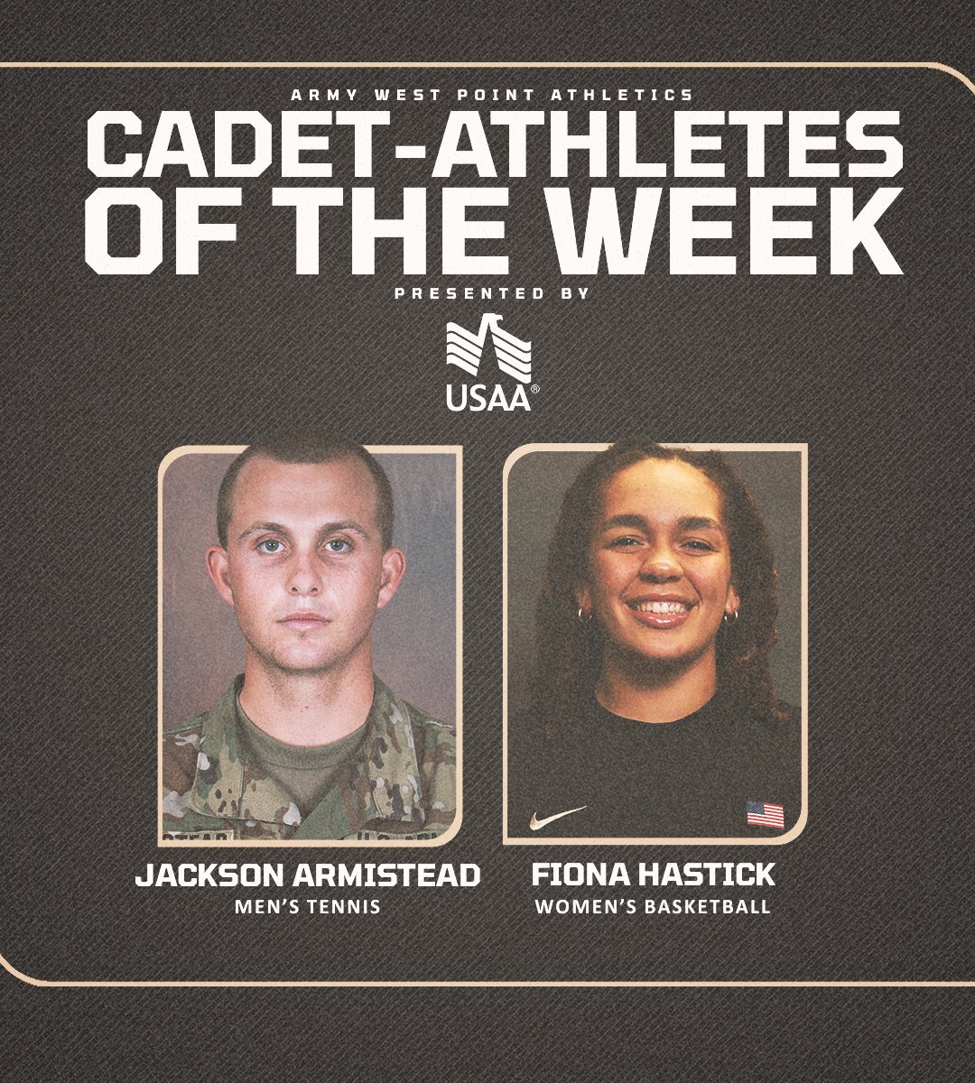 Congrats to our Cadet-Athletes of the Week presented by <a href="/USAA/">USAA</a> 👏👏👏

• Armistead led @ArmYWP_MTennis with a pair of straight set victories at flight one singles in a 3-0 weekend with 4-0 victories over Loyola, Lafayette and Holy Cross.
• Hastick scored a season-high 22 points