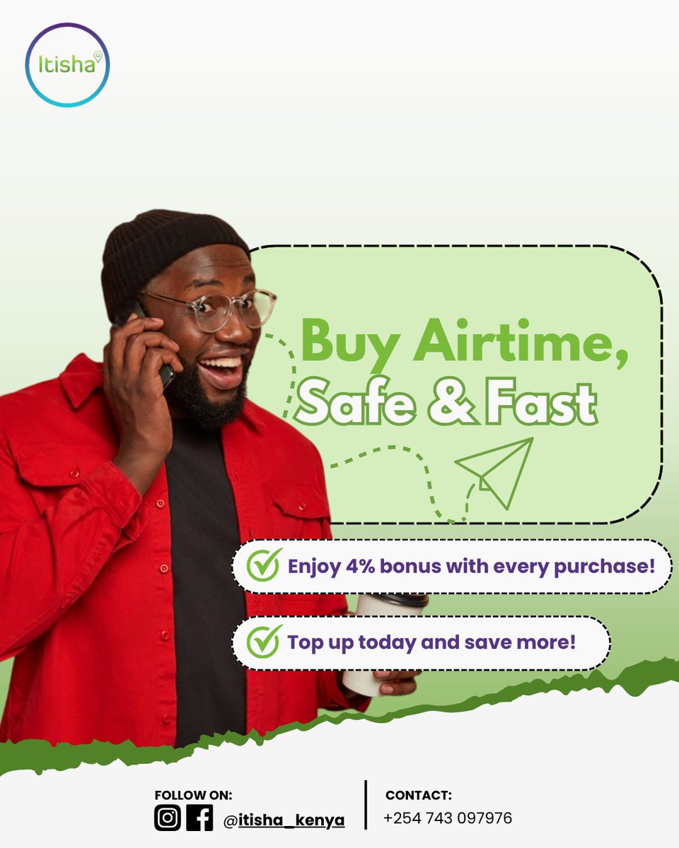 ItishaKenya's tweet photo. Buying airtime just got easy and better!

Buy airtime across all networks only using our PayBill number, get a 4% bonus, and enjoy ZERO charges!

Visit https://t.co/nbwY35XxnD and begin your journey of freedom!

#myitisha #airtimetopup https://t.co/HYaPF3lnaR