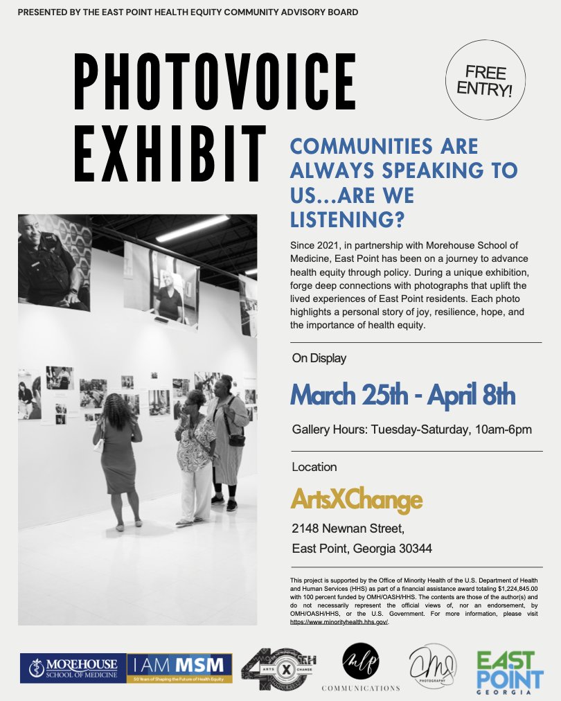 Morehouse School of Medicine (@msmedu) on Twitter photo The Advancing Health Equity in East Point Photovoice Exhibit is now open at ArtsXchange! 📸✨
Explore powerful images and stories from <a href="/cityofeastpoint/">East Point</a> residents about health equity, resilience, and community change.
Stop by and witness the power of visual storytelling! The Advancing Health Equity in East Point Photovoice Exhibit is now open at ArtsXchange! 📸✨
Explore powerful images and stories from <a href="/cityofeastpoint/">East Point</a> residents about health equity, resilience, and community change.
Stop by and witness the power of visual storytelling!