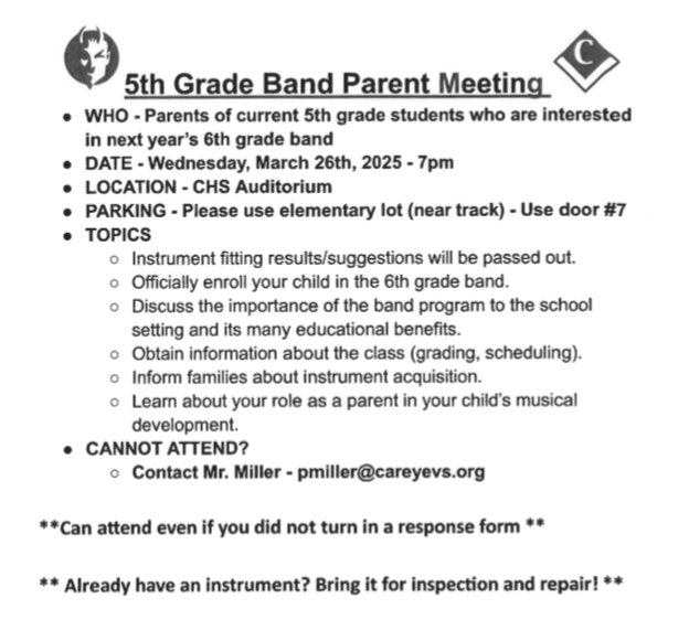 Here is information regarding our upcoming parent meeting for next year’s 6th grade beginning band!

Please let me know if you have questions!
