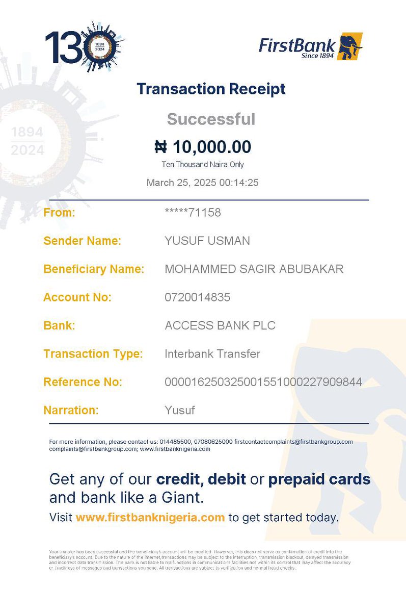 Sagiberry66's tweet photo. @accessbank_help @accessbank_help 
Good Day.
I write to seek your help with regards to the recent transaction made to my acc MOHAMMED Sagir Abubakar 0720014835 by Yusuf Usman FBN
 on Tue 25th at 00:14:25am initiated successfully and generated receipt but  
 couldn't drop yet. Pls assist.🤝 https://t.co/QWTr9rjXTd