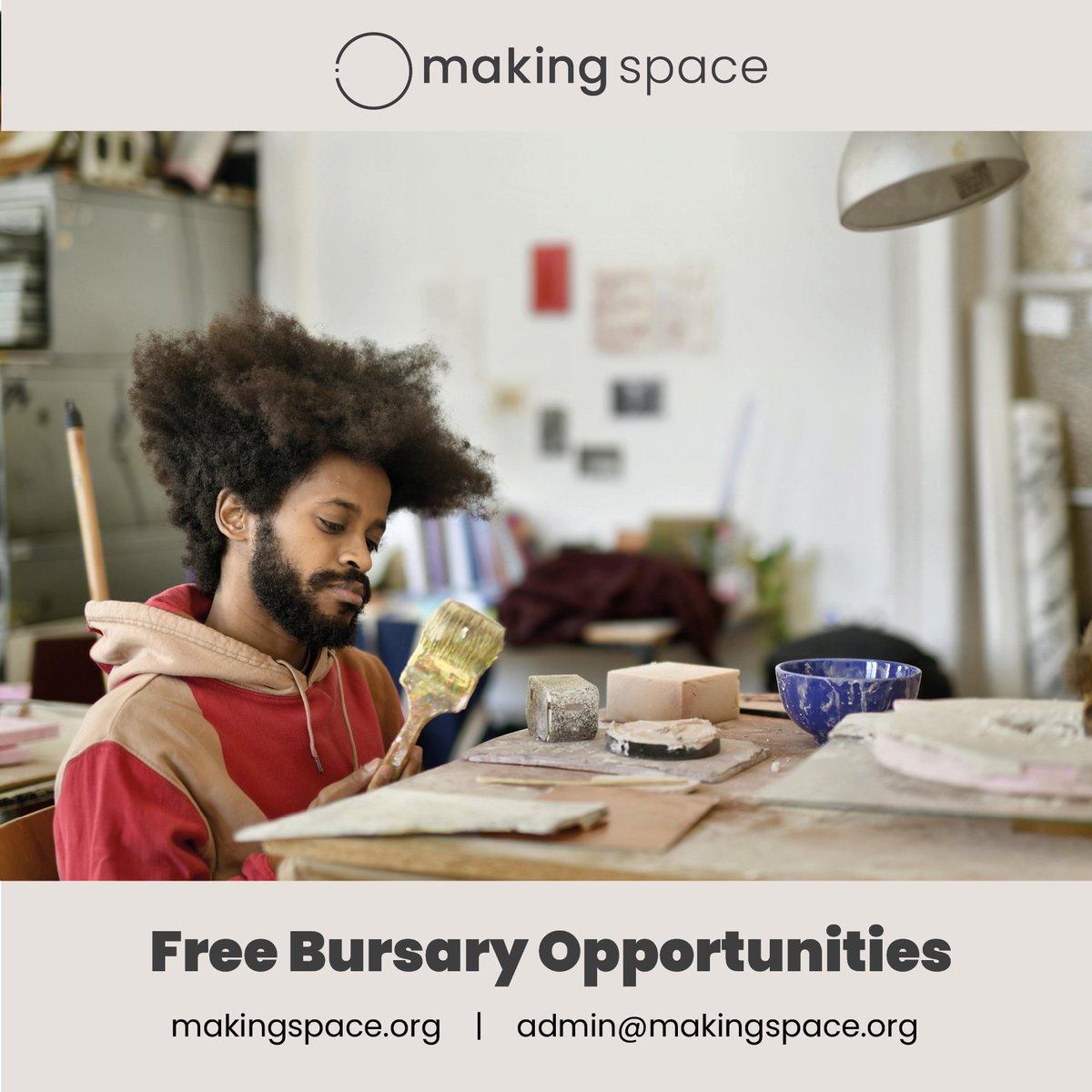 🎨 Care-Experienced &amp; Creative? Get involved! 🎨

Free bursaries for 16+ to join specialist courses, craft clubs &amp; studio sessions—no cost, no referral!

📧 admin@makingspace.org
🔗 makingspace.org

Limited spaces—apply now! 🌟 #CareExperienced #CreativeCommunity